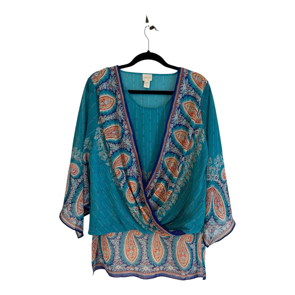 Chico's Blouse‎ Teal L Womens Paisley Surplice Metallic Tunic Boho 4501920564